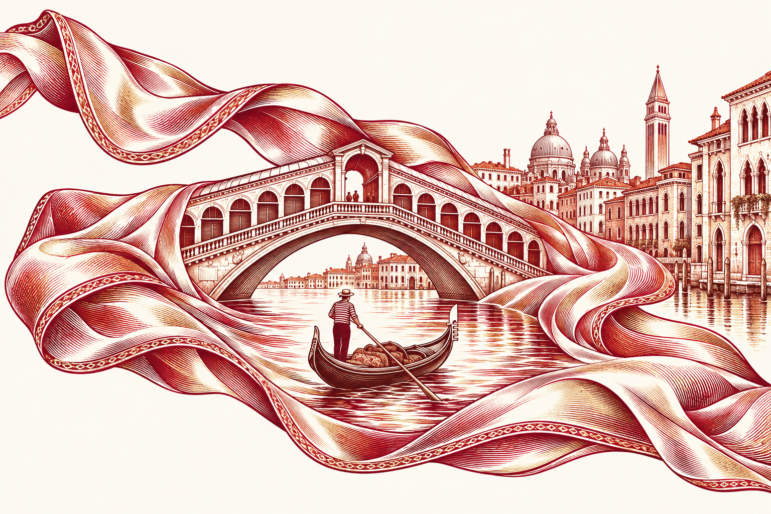 Un foulard di seta diventa Venezia: il ponte di Rialto e una gondola fra le pieghe.